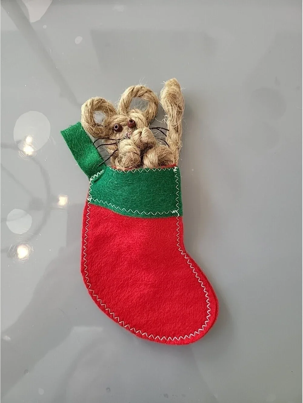 Vtg Christmas Ornament Decoration 1979 Rope Mouse In Stocking By Mimi Beleview